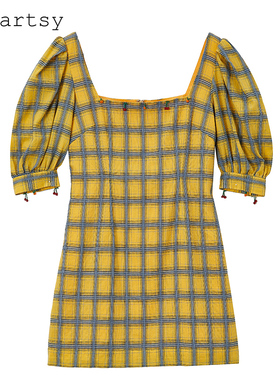 MICartsy王紫珊春夏新款黄色格子钉珠连衣裙女高腰方领时尚
