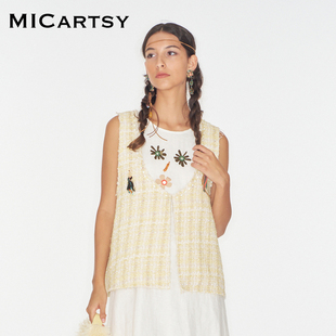 MICartsy王紫珊秋冬新款 黄色小香风钉珠马甲女小众休闲百搭