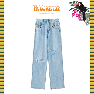 女休闲百搭 牛仔裤 MICartsy王紫珊春夏新款 钉珠椰树破洞长款