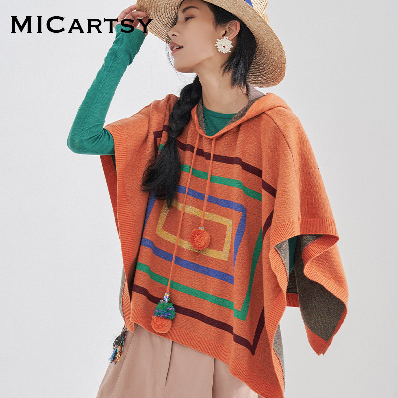 MICartsy王紫珊秋冬新款毛球挂绳戴帽斗篷式毛衣女宽松设计感