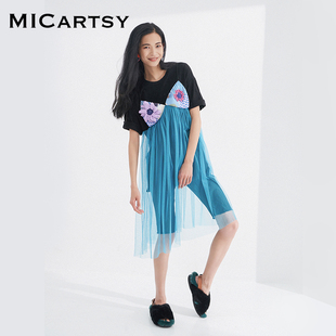 MICartsy王紫珊2021秋季 小众设计感潮 拼网纱假两件T恤女短袖 新款