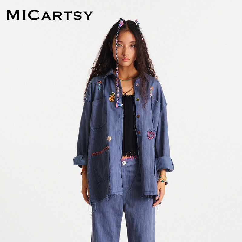 MICartsy百搭中长款钉珠牛仔外套