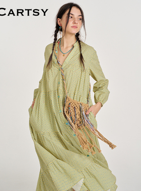 MICartsy王紫珊2025春夏新款黄色手工钉珠深V领连衣裙