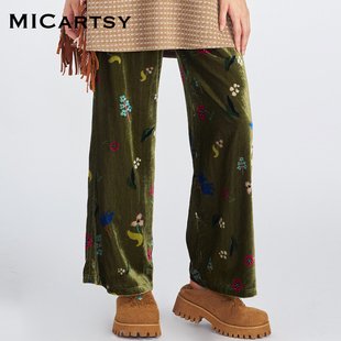MICartsy王紫珊2025秋冬新款 女 绿色丝绒花朵印花遛弯直筒休闲裤