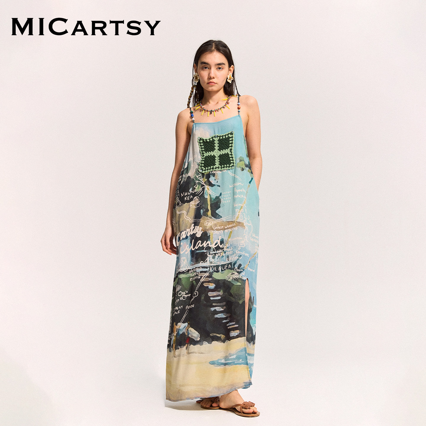 MICartsy春夏新款花色手工钩编窗户海景印花吊带裙