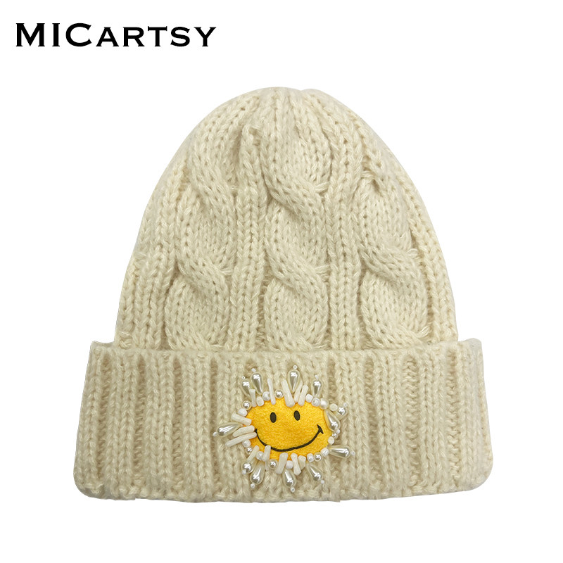 MICartsy王紫珊秋冬新款白色笑脸珍珠针织帽小众设计原创时尚保暖