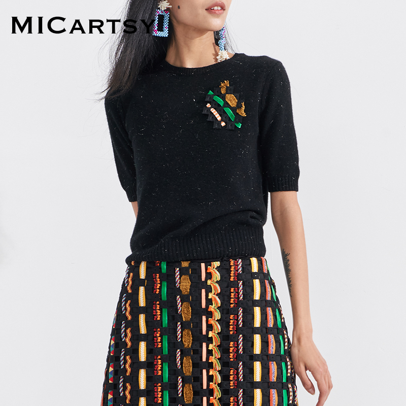 MICartsy王紫珊秋冬新款彩色织带假口袋羊绒五分袖套头毛衣女