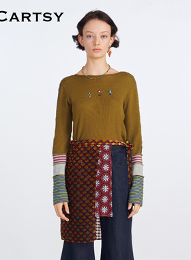 MICartsy王紫珊2025秋冬新款绿色手工钉珠拼接打底长袖上衣T恤女