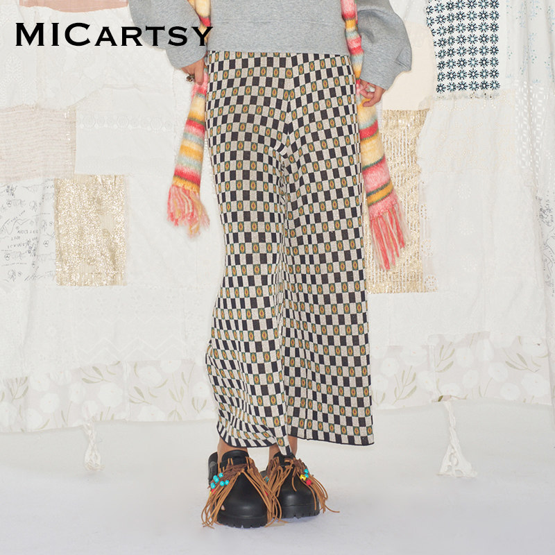 MICartsy王紫珊秋冬新款花色复古阔腿裤长裤女休闲百搭