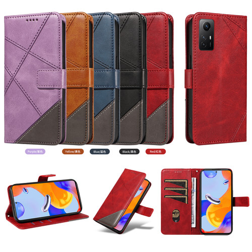 适用于红米Note11 4G国外版,红米Note11S 4G压线菱格拼接双色小牛纹皮套手机壳插卡防摔保护套翻盖式