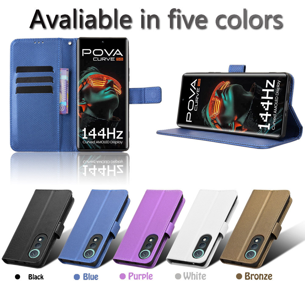 适用于传音Tecno Pova Curve 5G，LJ8k钻石纹皮套手机壳防摔保护套翻盖式男女素皮外壳插卡