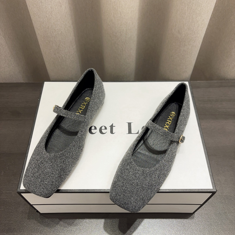小香风方头浅口呢子玛丽珍单鞋女