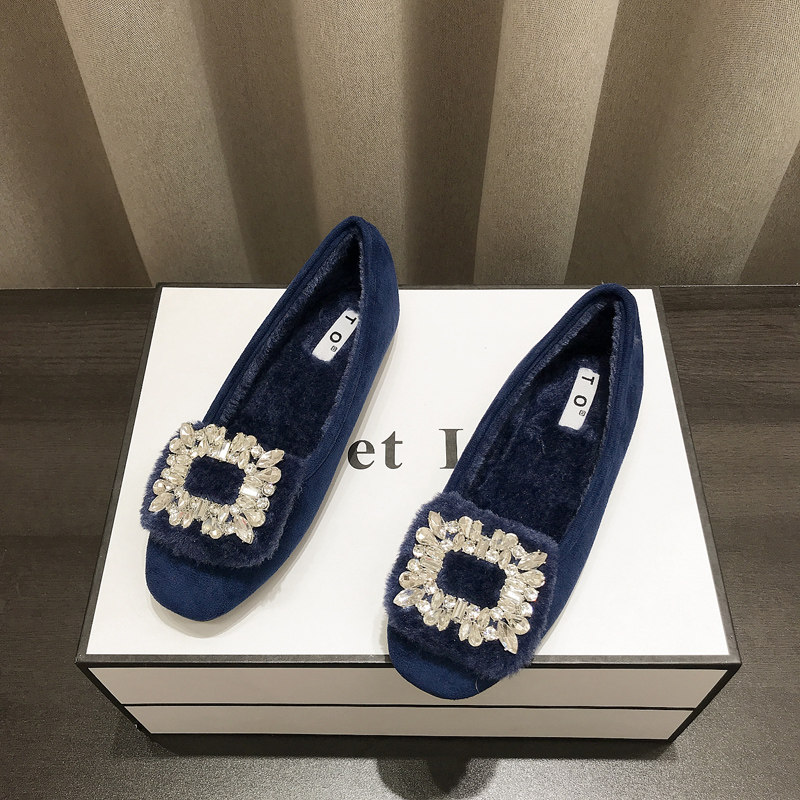 水钻扣平底毛毛鞋女冬季外穿棉鞋2024新款舒适大码加绒软底豆豆鞋,女鞋,浅口单鞋,淘宝优惠券,粉丝福利购,淘宝优惠卷