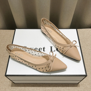 女尖头镂空气质甜美网面包头凉鞋 2026春夏新款 百搭波点网纱平底鞋