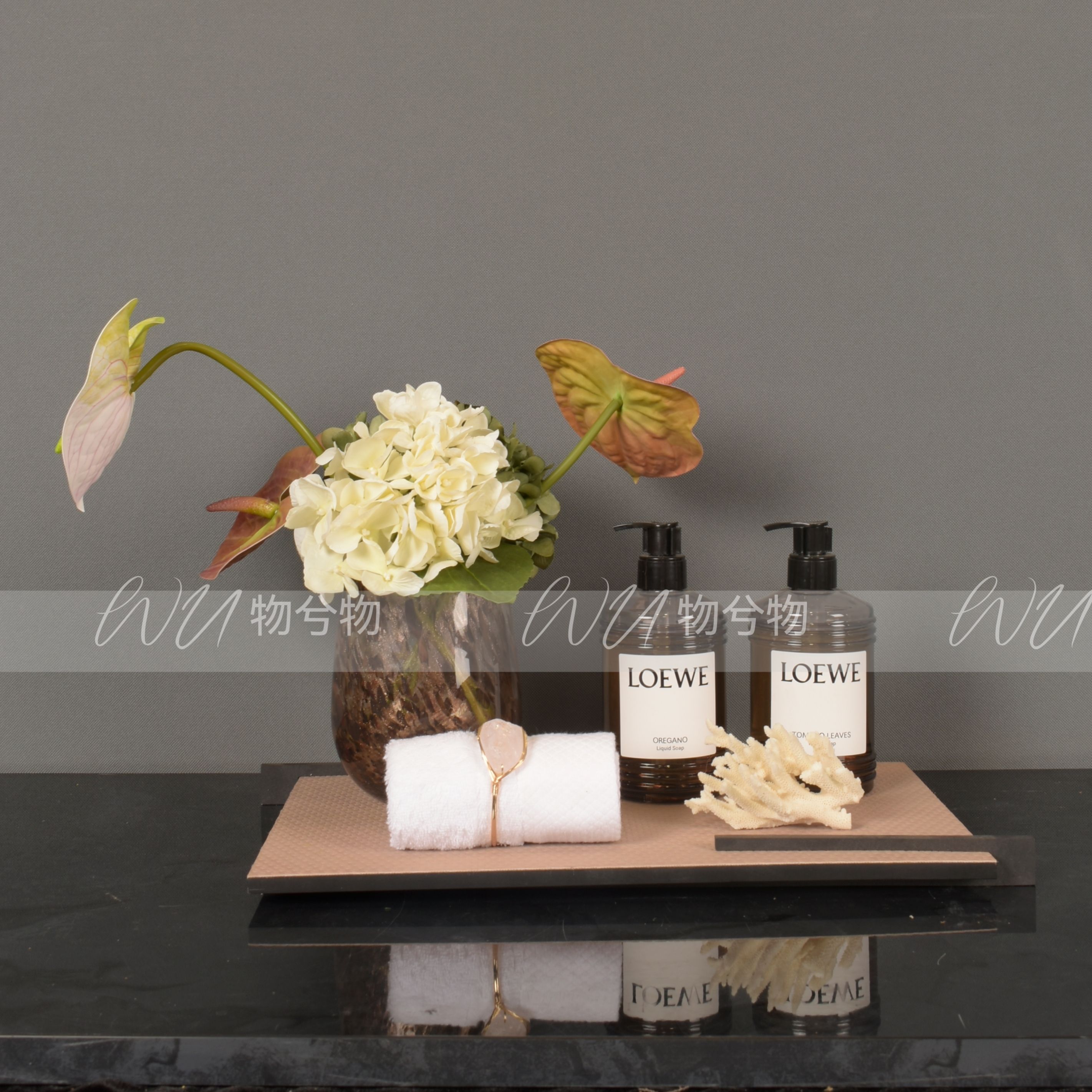 WU 物兮物 女儿房粉红大理石卫浴摆件样板间卫生间飘窗托盘花艺组