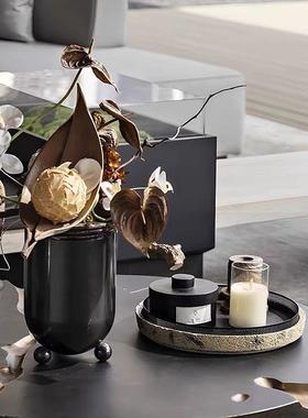 WU 物兮物现代极简样板间大厅洽谈区茶几黑色花器大理石果盆客厅