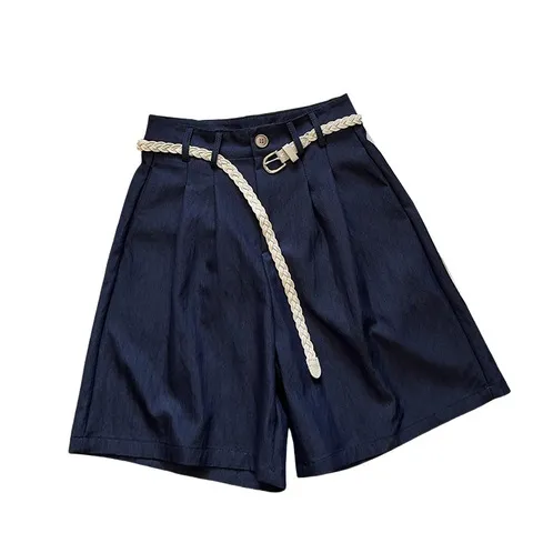 天丝牛仔阔腿休闲裤送腰带中裤~显瘦都市气质薄款A字直筒短裤高腰