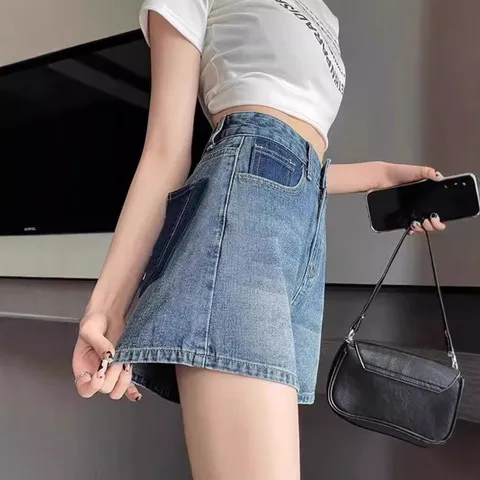 辣妹大码女显瘦热裤口袋设计感胖mm夏季高腰复古牛仔短裤薄款撞色