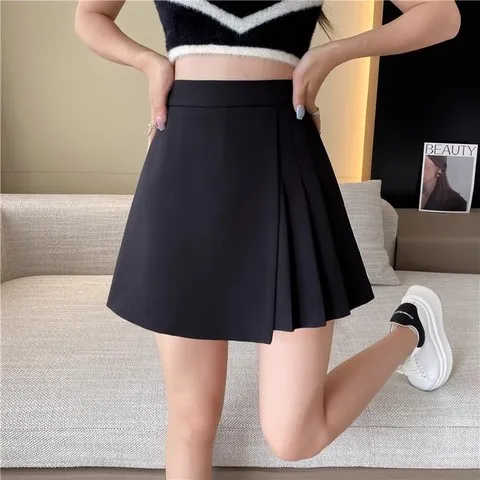 短裙裤西装半身不规则显瘦百搭新款2025纯色百褶高腰夏季裤裙a字