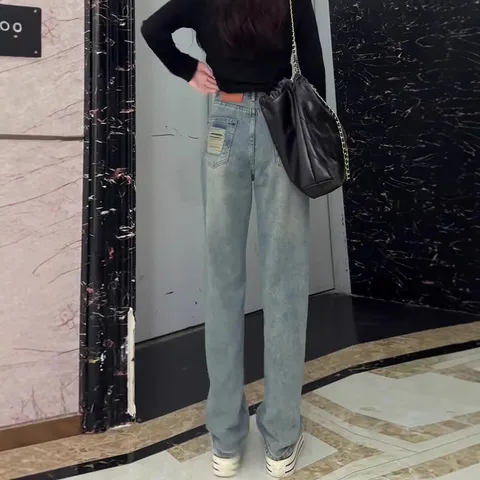 牛仔裤春秋时尚阔腿裤女小个子破洞窄版新款直筒2025显瘦裤子高腰