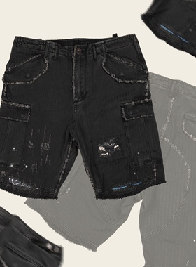 尚宗ShangTsung Cargo shorts型染古布破坏工装裤 大口袋工装短裤