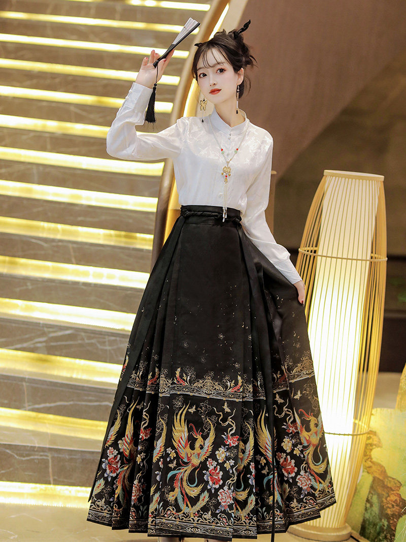 FENGXIA 원래 명나라 HANFU 여성 2024 새로운 가을 짠 골드 메이크업 말 얼굴 스커트 국가 스타일 일일 통근 의상