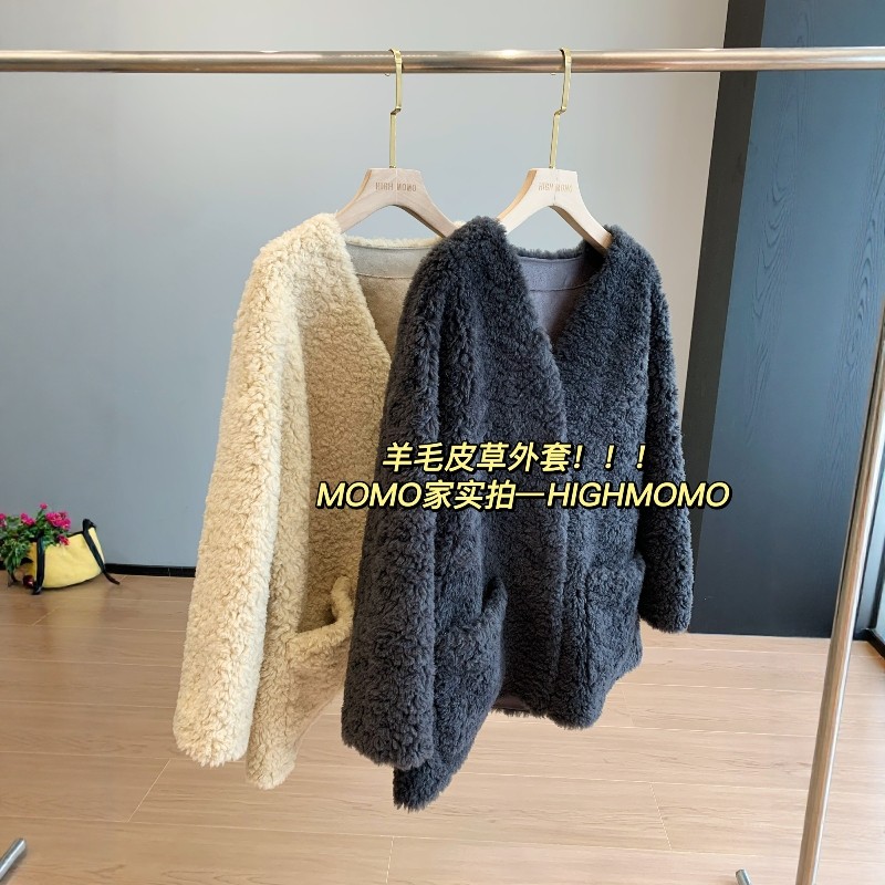 千金气质~奢感名媛保暖宽松高阶皮毛100%羊毛V领皮草外套大衣冬