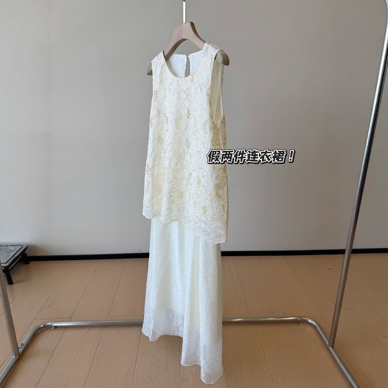 假两件连衣裙～巨显瘦鱼尾长裙法式钩花无袖背心蕾丝连衣裙女夏新