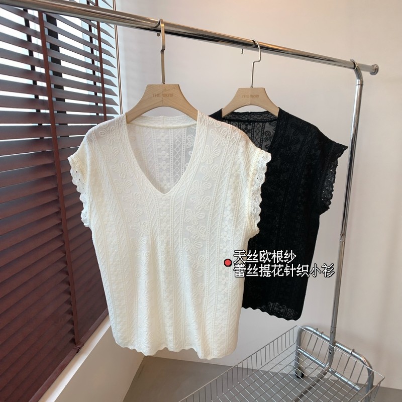 THEWOW天丝欧根纱 定制刺绣蕾丝提花多种花型宽松V领微落肩袖小衫