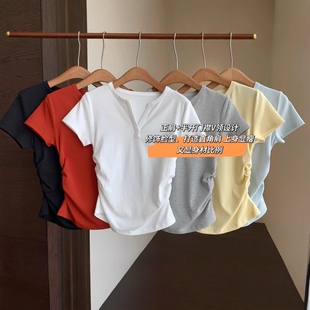 修身 大叮自制A4腰T 短款 夏季 T恤 开口领抽褶收腰显瘦弹力正肩短袖