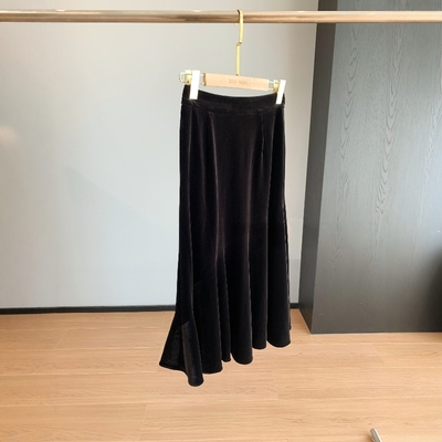 气质美人鱼~洋气加分显瘦鱼尾丝绒半裙黑色文艺垂顺A字半身裙女25