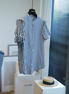 虫小小 英伦风弹力密绉蓝色格纹木耳花边短袖衬衫女上衣夏季A21K