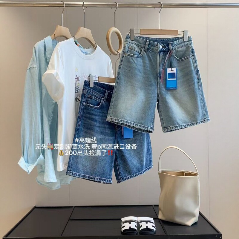 IN BLUE 高端线！莱赛尔混纺复古做旧渐变水洗四分裤休闲牛仔短裤