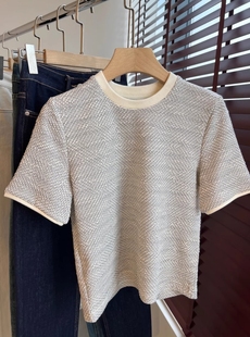 女T恤春夏新款 意大利jin口色织暗闪金丝宽松圆领香风短袖 AMR