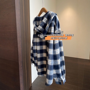 复古格纹宽松慵懒连帽休闲显瘦衬衫 英伦风 外套女秋冬新 AMR