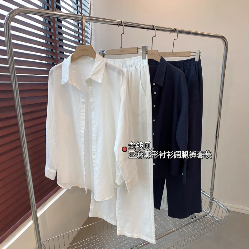 THEWOW客供单 高端水洗亚麻舒爽透气翻领衬衫直筒裤轻氧套装 型好