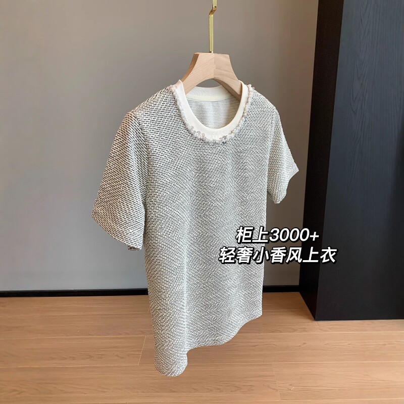 珠片闪闪~法式小香风气质亮丝提花钉珠休闲针织短袖T恤女25春夏