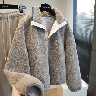 945H 外套冬季 虫小小 半门襟宽松立领保暖摇粒绒羊羔毛卫衣女短款