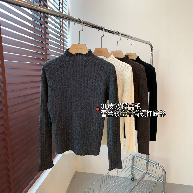 THEWOW 温柔知性 30支双股羊毛规则蕾丝镂空肌理半高领花边打底衫