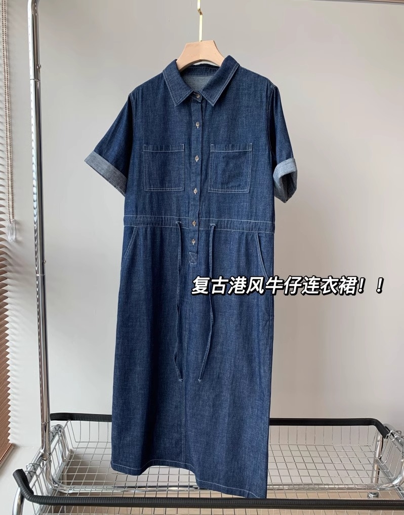 美式牛仔蓝!复古港风中长款收腰显瘦宽松休闲短袖薄款牛仔裙夏新