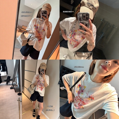 春夏天菜可盐可欲水墨数码直喷工艺彩色鲜花钉珠竹节棉肌理短袖t