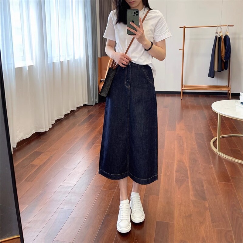 【高级原牛】防褪色~ 藏蓝 后开叉 宽松高腰中长款牛仔复古半身裙