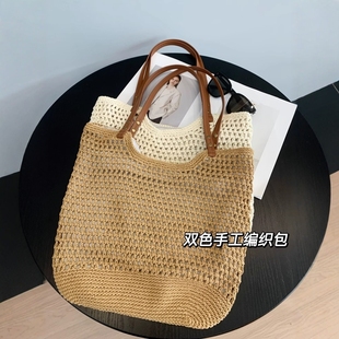 休闲度假风洋气复古镂空设计休闲皮质肩带单肩包 双色手工编织包