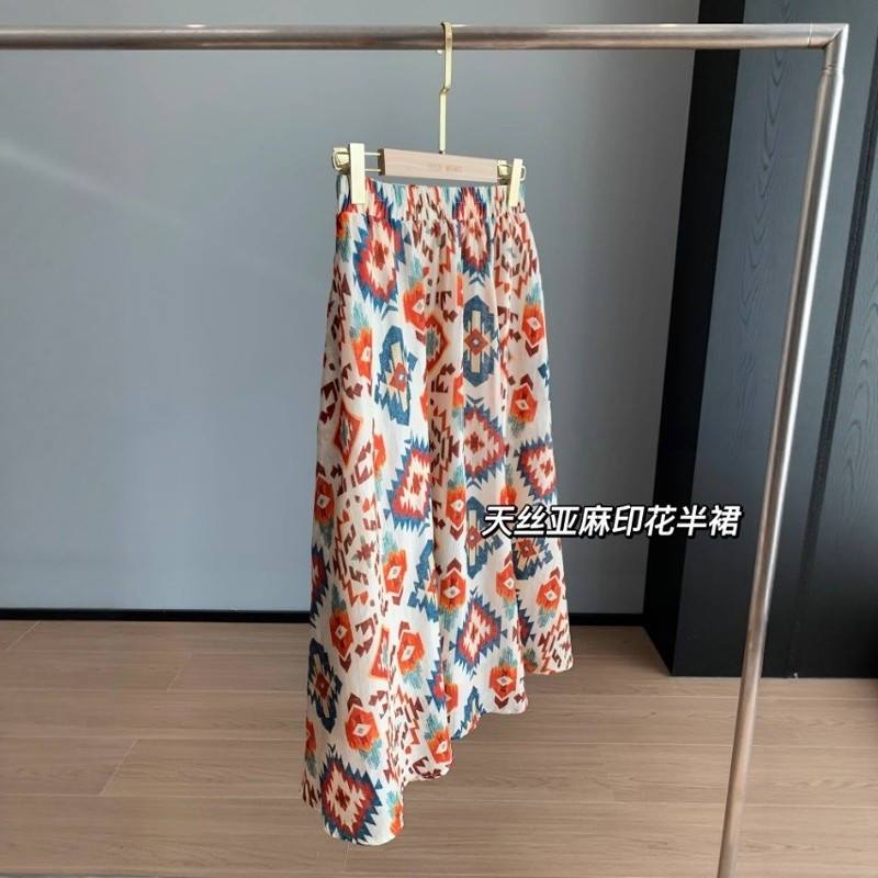 一眼就爱上 ！明亮显白松紧高腰显瘦A字大裙摆天丝亚麻印花半身裙