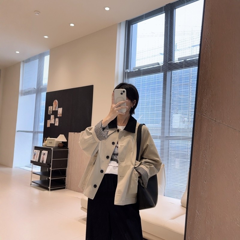 秋西雅图晚秋!廓形小个子风衣猎户装短款全棉撞色宽松外套