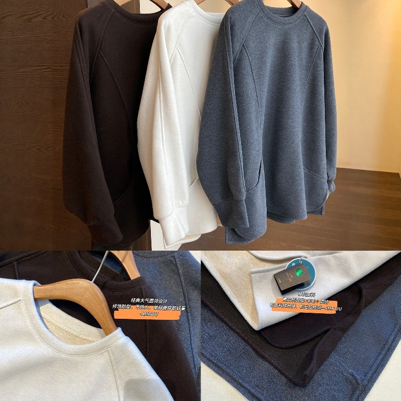 AMR UU◆慵懒风 加绒加厚保暖宽松开叉卫衣女上衣2025新款秋冬季