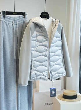 760T真丝缎！90白鹅绒修身显瘦拼接连帽羽绒服女外套上衣冬季A64R