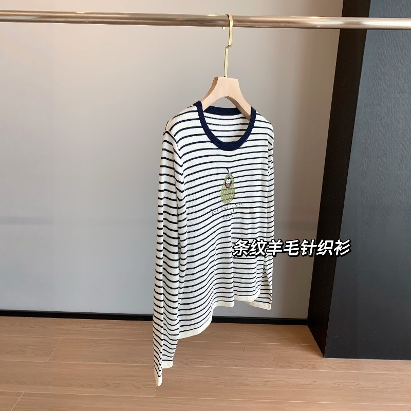 清新牛油果！经典条纹撞色圆领字母刺绣羊毛针织衫长袖T恤女早秋,女装/女士精品,T恤,淘宝优惠券,粉丝福利购,淘宝优惠卷