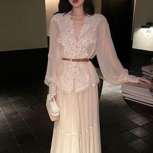Liora温柔 复古 V 领蕾丝雪纺灯笼袖上衣飘逸大摆半身裙两件套女