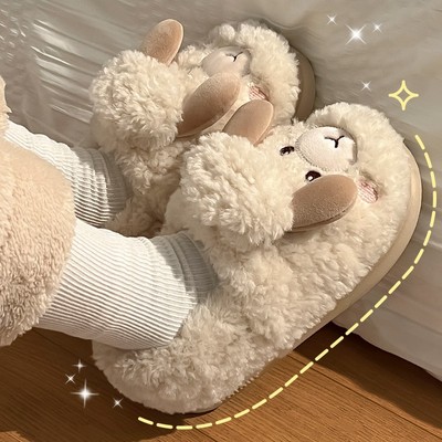 毛拖鞋女士冬季2025新款厚底防滑加厚毛毛绒可爱卡通小羊棉鞋女款